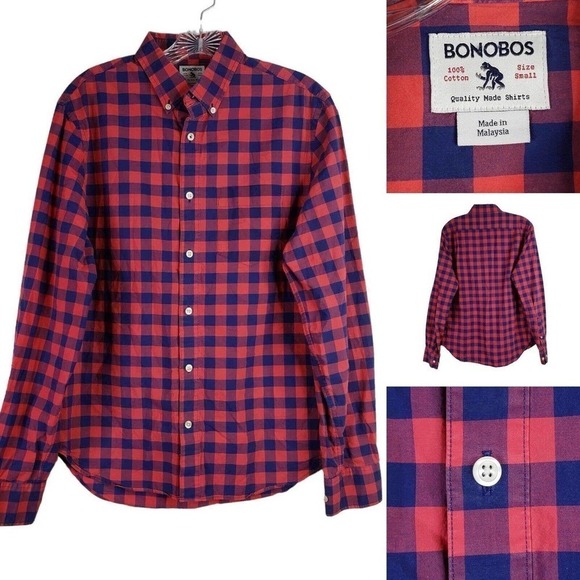 Bonobos Shirt Men's Small Red & Blue Checked Standard Fit Long Sleeve Button Up - Picture 1 of 10